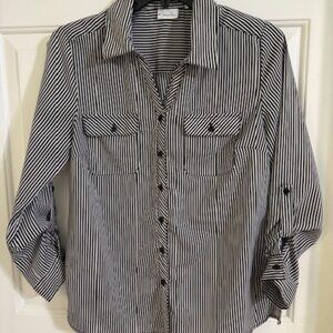 Kim Rogers Vertical Stripe Blouse Chic Minimalist Black White Roll Tab Sleeves